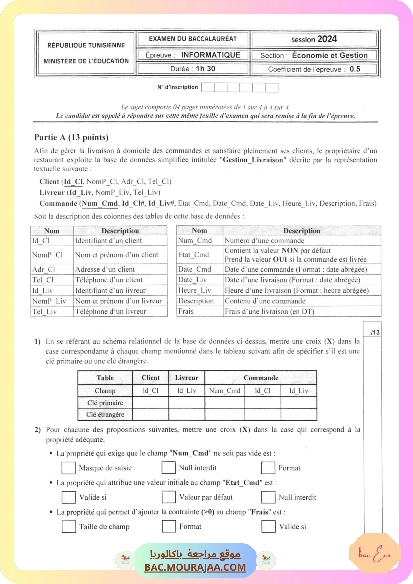 Sujet principale info Bac 2024 – Section eco